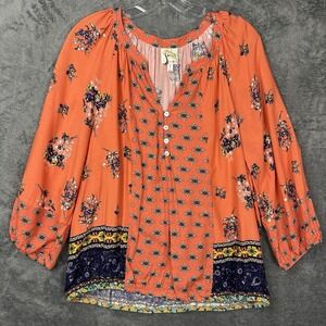 Anthropologie Fig and Flower Top Blouse Large Boho Hippie Peasant Floral Orange